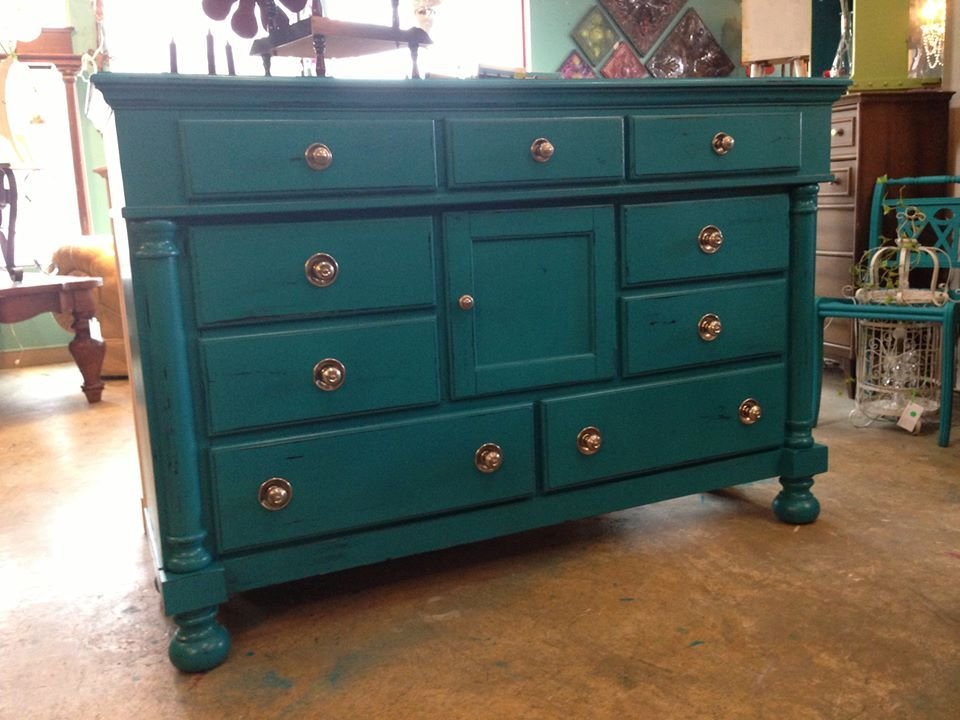 A dresser painted teal